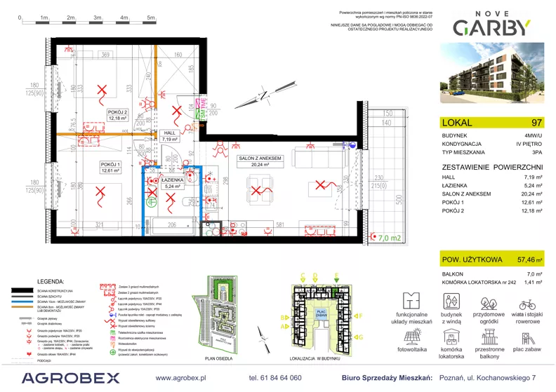 3 pokoje, mieszkanie 57,46 m², piętro 4, oferta nr 97, Nove Garby - Etap 2, Garby, ul. Tulecka