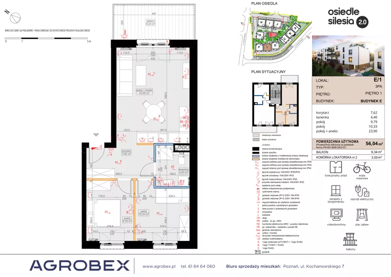 3 pokoje, mieszkanie 56,04 m², piętro 1, oferta nr E1, Silesia 2.0, Zielona Góra, ul. Osiedle Śląskie 33