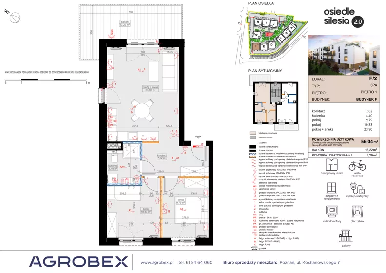 3 pokoje, mieszkanie 56,04 m², piętro 1, oferta nr F2, Silesia 2.0, Zielona Góra, ul. Osiedle Śląskie 33