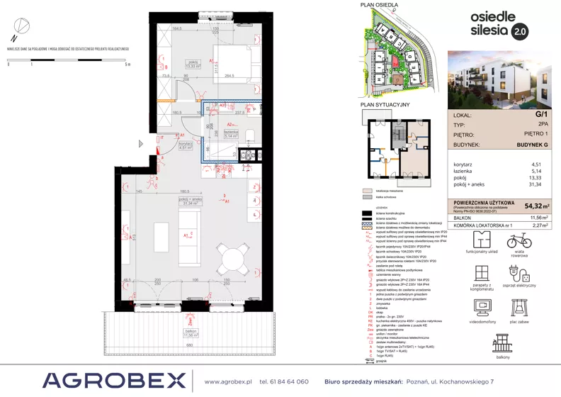2 pokoje, mieszkanie 54,32 m², piętro 1, oferta nr G1, Silesia 2.0, Zielona Góra, ul. Osiedle Śląskie 33