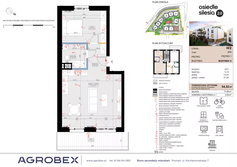 2 pokoje, mieszkanie 54,32 m², piętro 1, oferta nr H2, Silesia 2.0, Zielona Góra, ul. Osiedle Śląskie 33