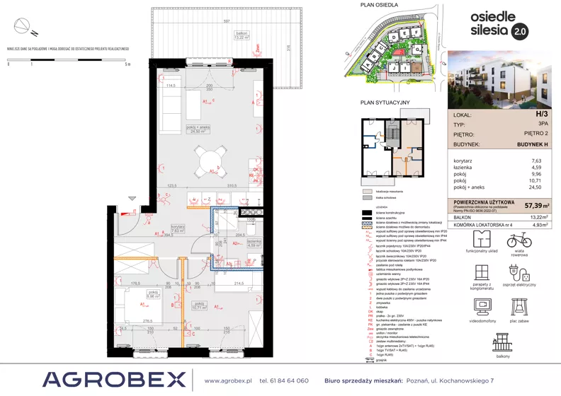 3 pokoje, mieszkanie 57,39 m², piętro 2, oferta nr H3, Silesia 2.0, Zielona Góra, ul. Osiedle Śląskie 33