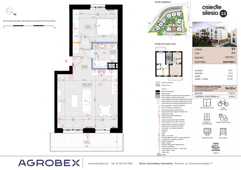 2 pokoje, mieszkanie 54,32 m², piętro 1, oferta nr I1, Silesia 2.0, Zielona Góra, ul. Osiedle Śląskie 33