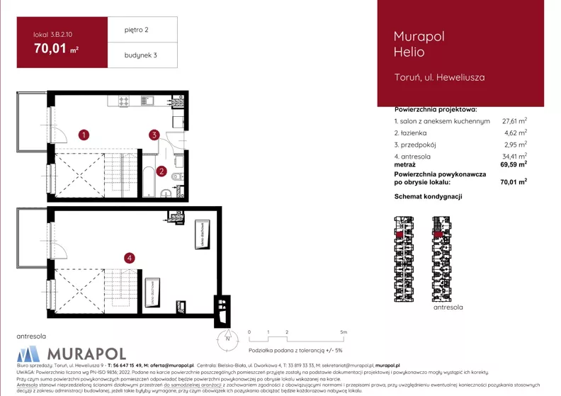 1 pokój, mieszkanie 70,01 m², piętro 2, oferta nr 3.B.2.10, Murapol Helio, Toruń, Wrzosy, JAR, ul. Heweliusza