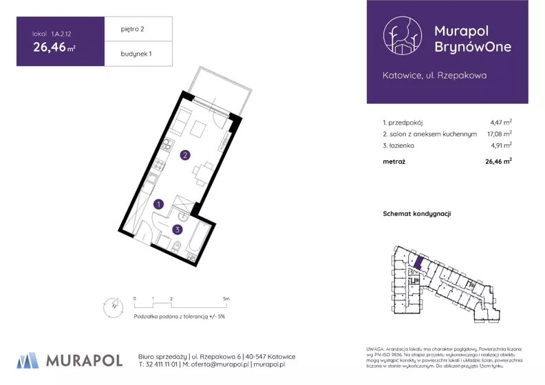 1 pokój, mieszkanie 26,46 m², piętro 2, oferta nr 1.A.2.12, Murapol BrynówOne, Katowice, Brynów-Osiedle Zgrzebnioka, Brynów, ul. Rzepakowa