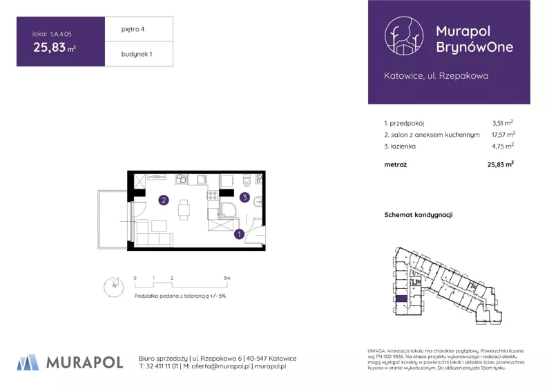 1 pokój, mieszkanie 25,83 m², piętro 4, oferta nr 1.A.4.05, Murapol BrynówOne, Katowice, Brynów-Osiedle Zgrzebnioka, Brynów, ul. Rzepakowa