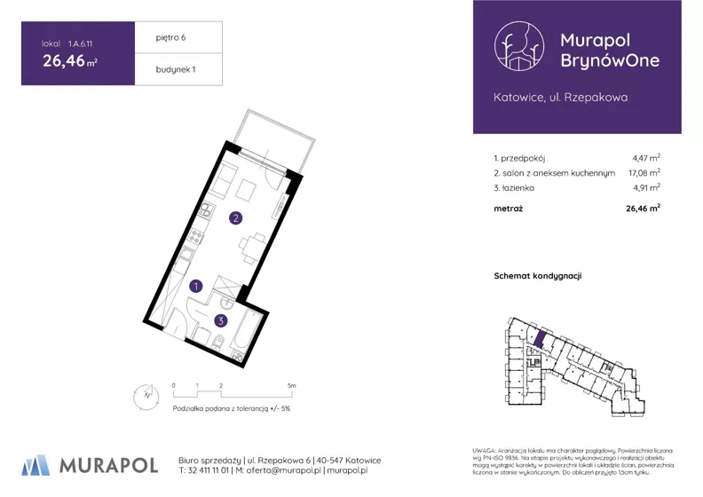 1 pokój, mieszkanie 26,46 m², piętro 6, oferta nr 1.A.6.11, Murapol BrynówOne, Katowice, Brynów-Osiedle Zgrzebnioka, Brynów, ul. Rzepakowa