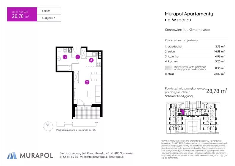 1 pokój, mieszkanie 28,78 m², parter, oferta nr 4.A.0.11, Murapol Apartamenty Na Wzgórzu, Sosnowiec, Sielec, ul. Klimontowska