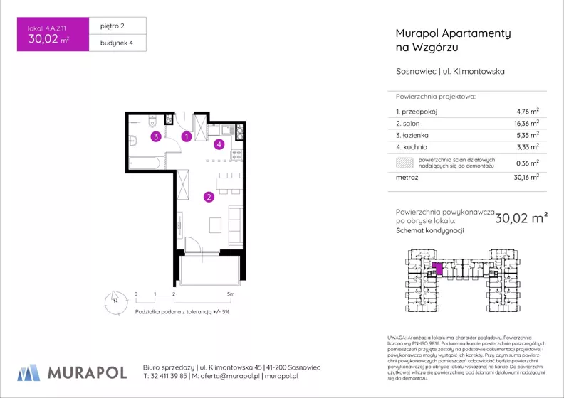 1 pokój, mieszkanie 30,02 m², piętro 2, oferta nr 4.A.2.11, Murapol Apartamenty Na Wzgórzu, Sosnowiec, Sielec, ul. Klimontowska