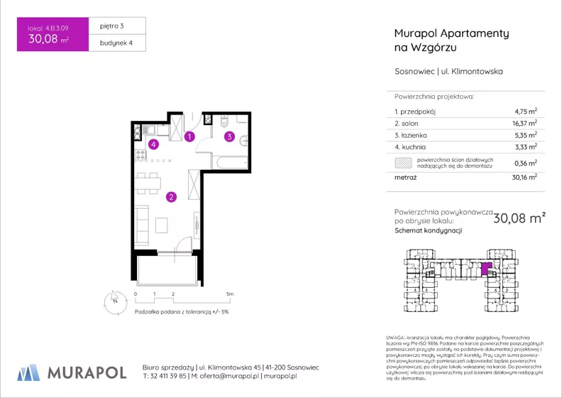 1 pokój, mieszkanie 30,08 m², piętro 3, oferta nr 4.B.3.09, Murapol Apartamenty Na Wzgórzu, Sosnowiec, Sielec, ul. Klimontowska