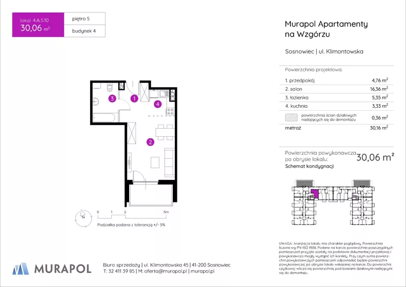 1 pokój, mieszkanie 30,06 m², piętro 5, oferta nr 4.A.5.10, Murapol Apartamenty Na Wzgórzu, Sosnowiec, Sielec, ul. Klimontowska
