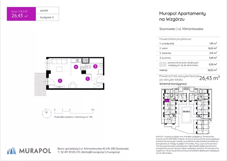1 pokój, mieszkanie 26,43 m², parter, oferta nr 5.A.0.10, Murapol Apartamenty Na Wzgórzu, Sosnowiec, Sielec, ul. Klimontowska