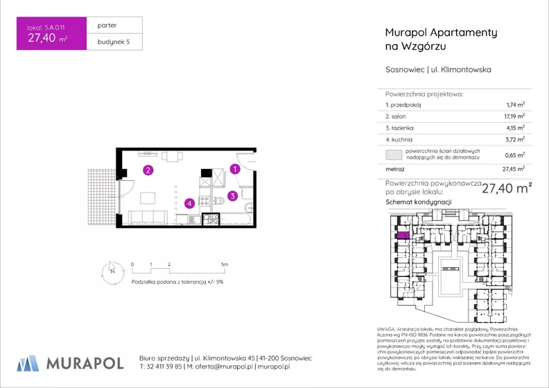 1 pokój, mieszkanie 27,40 m², parter, oferta nr 5.A.0.11, Murapol Apartamenty Na Wzgórzu, Sosnowiec, Sielec, ul. Klimontowska