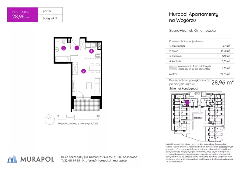 1 pokój, mieszkanie 28,96 m², parter, oferta nr 5.A.0.16, Murapol Apartamenty Na Wzgórzu, Sosnowiec, Sielec, ul. Klimontowska