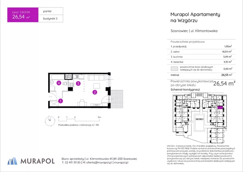 1 pokój, mieszkanie 26,54 m², parter, oferta nr 5.B.0.04, Murapol Apartamenty Na Wzgórzu, Sosnowiec, Sielec, ul. Klimontowska