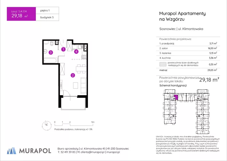 1 pokój, mieszkanie 29,18 m², piętro 1, oferta nr 5.A.1.14, Murapol Apartamenty Na Wzgórzu, Sosnowiec, Sielec, ul. Klimontowska
