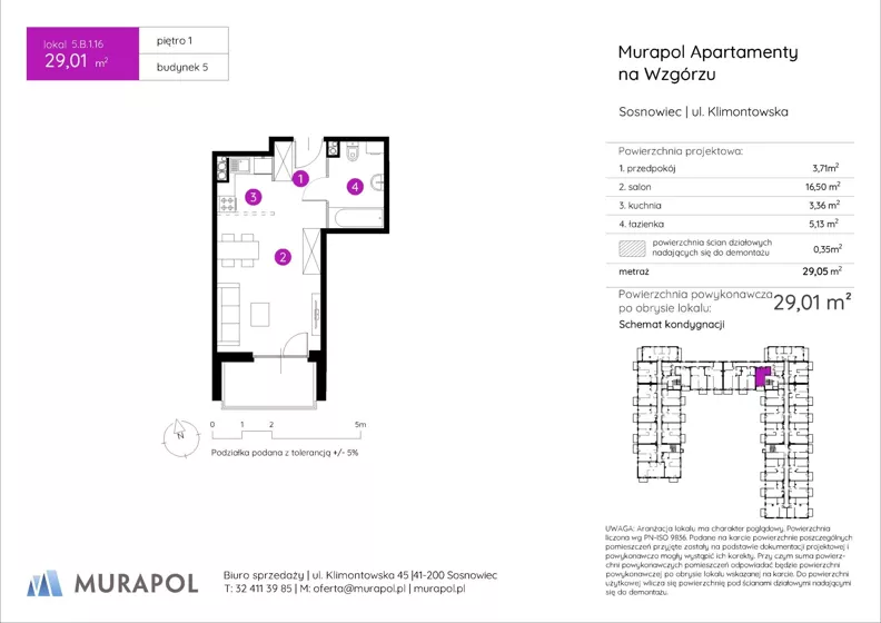 1 pokój, mieszkanie 29,01 m², piętro 1, oferta nr 5.B.1.16, Murapol Apartamenty Na Wzgórzu, Sosnowiec, Sielec, ul. Klimontowska