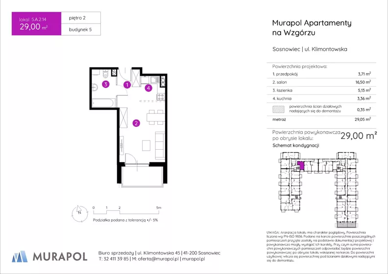 1 pokój, mieszkanie 29,00 m², piętro 2, oferta nr 5.A.2.14, Murapol Apartamenty Na Wzgórzu, Sosnowiec, Sielec, ul. Klimontowska