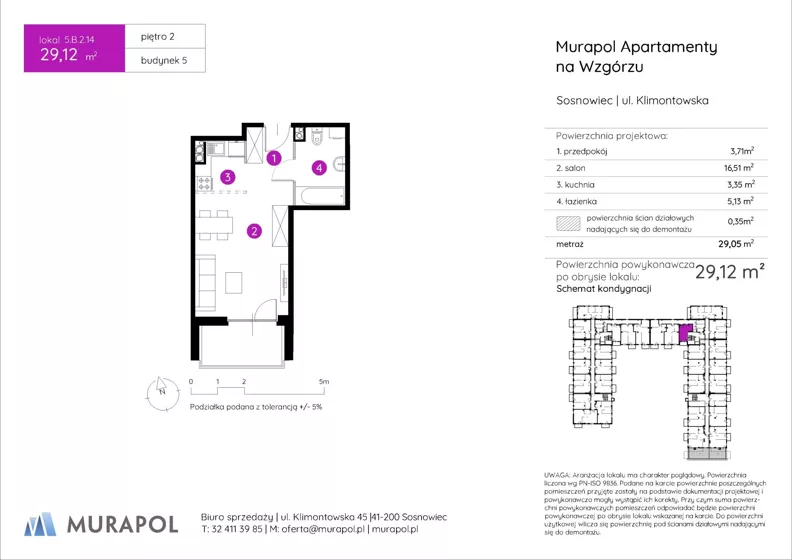 1 pokój, mieszkanie 29,12 m², piętro 2, oferta nr 5.B.2.14, Murapol Apartamenty Na Wzgórzu, Sosnowiec, Sielec, ul. Klimontowska
