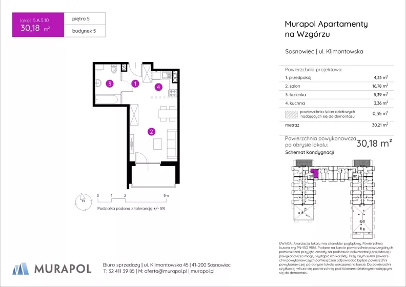 1 pokój, mieszkanie 30,18 m², piętro 5, oferta nr 5.A.5.10, Murapol Apartamenty Na Wzgórzu, Sosnowiec, Sielec, ul. Klimontowska