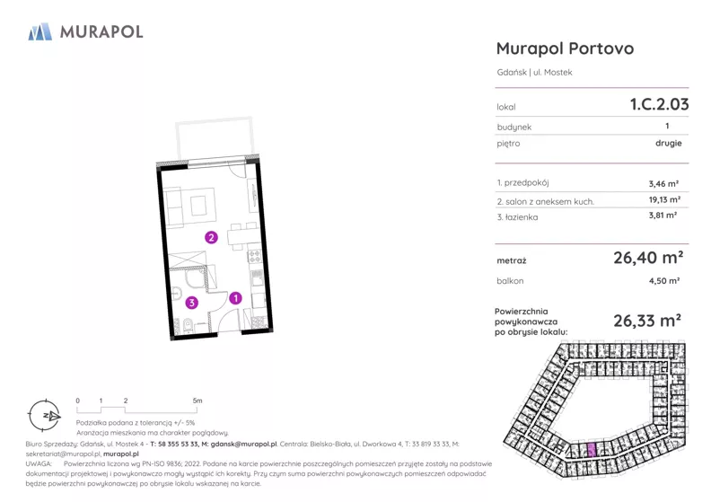 1 pokój, apartament inwestycyjny 26,33 m², piętro 2, oferta nr 1.C.2.03, Murapol Portovo, Gdańsk, Śródmieście, ul. Mostek