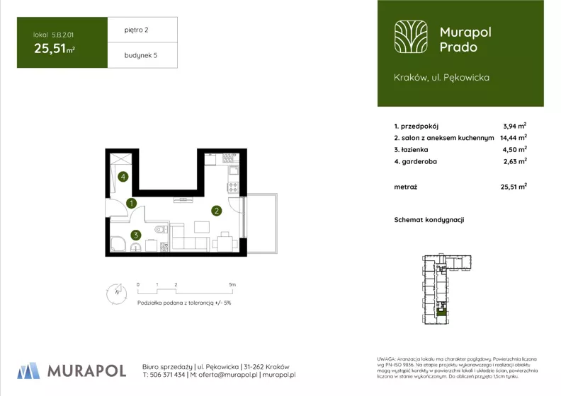 1 pokój, mieszkanie 25,51 m², piętro 2, oferta nr 5.B.2.01, Murapol Prado - Etap II, Kraków, Prądnik Biały, ul. Piaszczysta