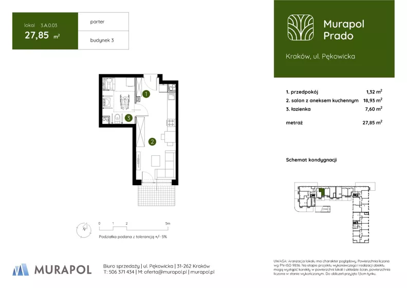 1 pokój, mieszkanie 27,85 m², parter, oferta nr 3.A.0.03, Murapol Prado - Etap II, Kraków, Prądnik Biały, ul. Piaszczysta