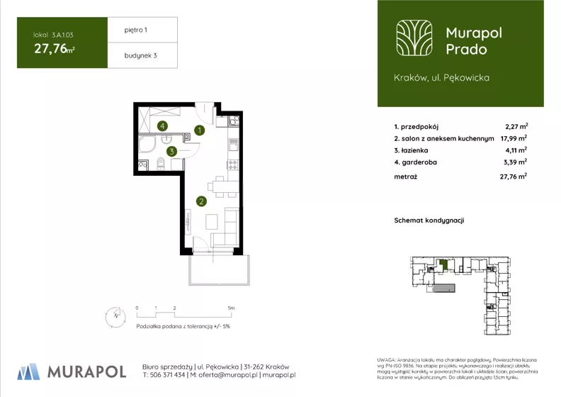 1 pokój, mieszkanie 27,76 m², piętro 1, oferta nr 3.A.1.03, Murapol Prado - Etap II, Kraków, Prądnik Biały, ul. Piaszczysta