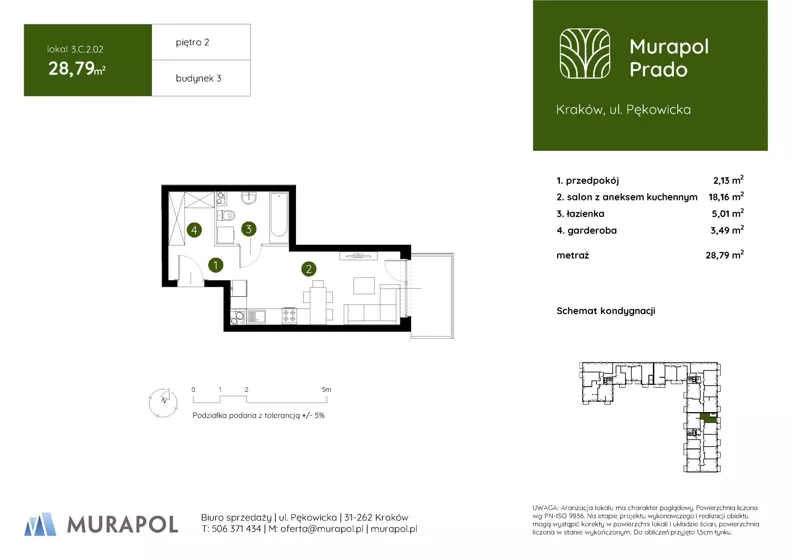 1 pokój, mieszkanie 28,79 m², piętro 2, oferta nr 3.C.2.02, Murapol Prado - Etap II, Kraków, Prądnik Biały, ul. Piaszczysta