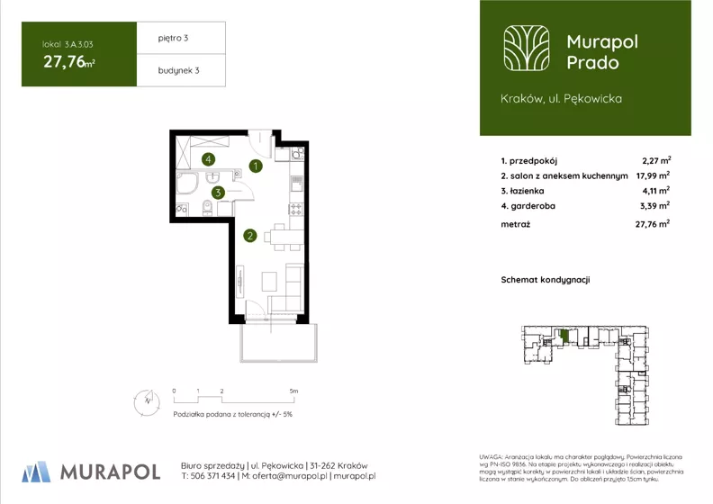 1 pokój, mieszkanie 27,76 m², piętro 3, oferta nr 3.A.3.03, Murapol Prado - Etap II, Kraków, Prądnik Biały, ul. Piaszczysta