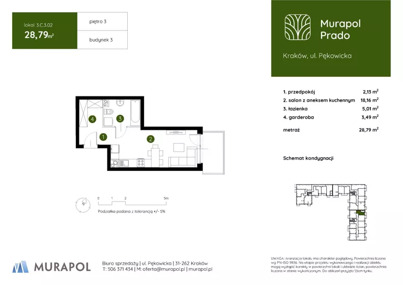 1 pokój, mieszkanie 28,79 m², piętro 3, oferta nr 3.C.3.02, Murapol Prado - Etap II, Kraków, Prądnik Biały, ul. Piaszczysta