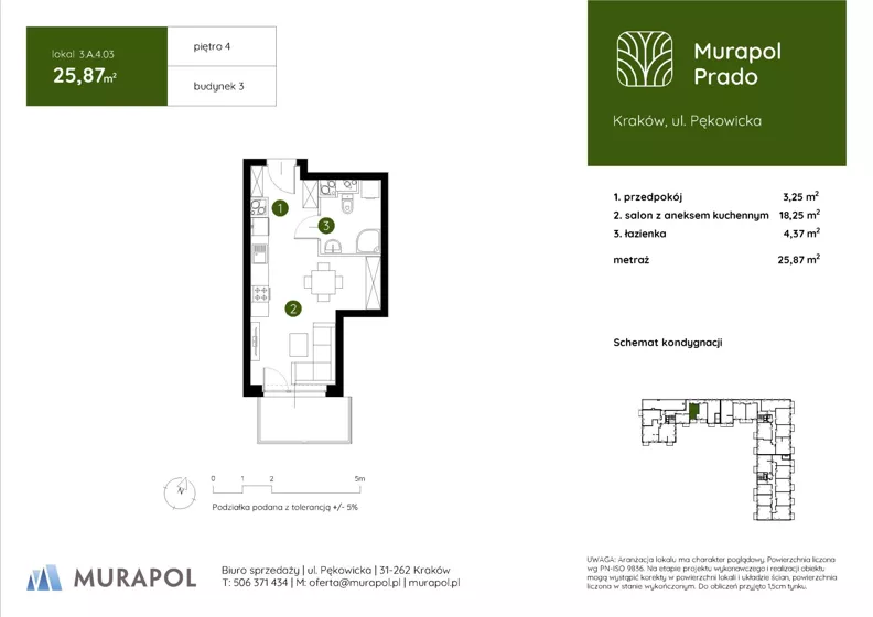 1 pokój, mieszkanie 25,87 m², piętro 4, oferta nr 3.A.4.03, Murapol Prado - Etap II, Kraków, Prądnik Biały, ul. Piaszczysta