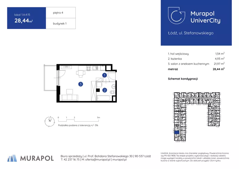 1 pokój, mieszkanie 28,44 m², piętro 4, oferta nr 1.A.4.15, Murapol UniverCity, Łódź, Śródmieście, ul. Stefanowskiego