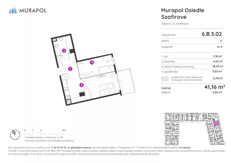 1 pokój, mieszkanie 41,16 m², piętro 3, oferta nr 6.B.3.02, Murapol Osiedle Szafirove, Gliwice, Stare Gliwice, ul. Szafirowa