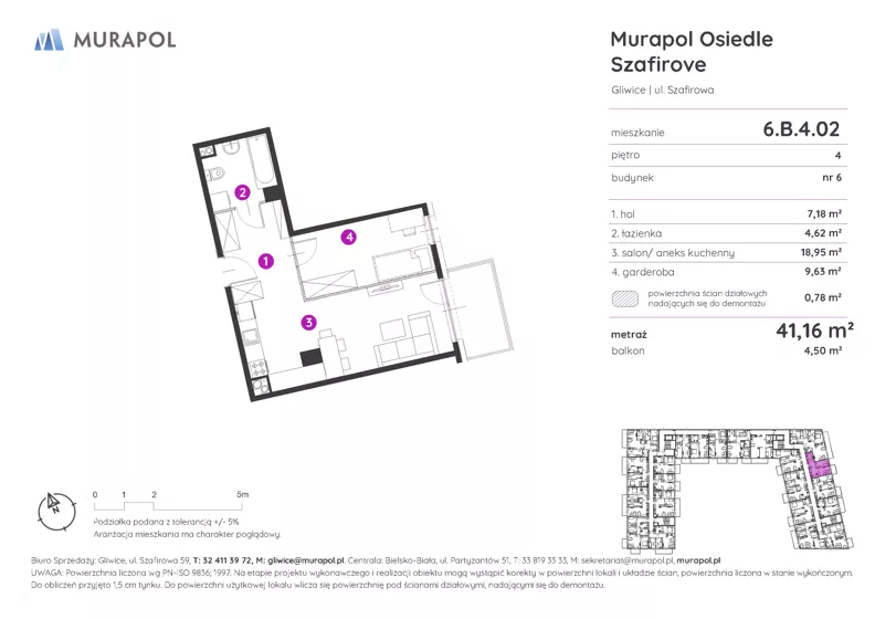 1 pokój, mieszkanie 41,16 m², piętro 4, oferta nr 6.B.4.02, Murapol Osiedle Szafirove, Gliwice, Stare Gliwice, ul. Szafirowa