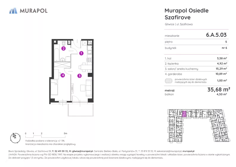 1 pokój, mieszkanie 35,68 m², piętro 5, oferta nr 6.A.5.03, Murapol Osiedle Szafirove, Gliwice, Stare Gliwice, ul. Szafirowa