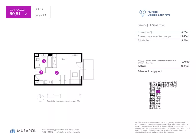 1 pokój, mieszkanie 30,51 m², piętro 2, oferta nr 1.A.2.02, Murapol Osiedle Szafirove, Gliwice, Stare Gliwice, ul. Szafirowa
