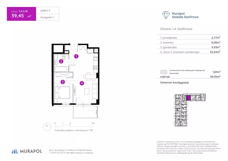 1 pokój, mieszkanie 39,45 m², piętro 3, oferta nr 1.A.3.16, Murapol Osiedle Szafirove, Gliwice, Stare Gliwice, ul. Szafirowa
