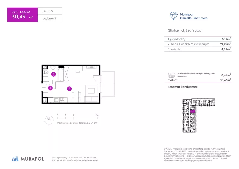 1 pokój, mieszkanie 30,43 m², piętro 5, oferta nr 1.A.5.02, Murapol Osiedle Szafirove, Gliwice, Stare Gliwice, ul. Szafirowa