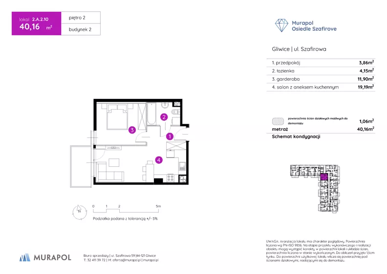1 pokój, mieszkanie 40,16 m², piętro 2, oferta nr 2.A.2.10, Murapol Osiedle Szafirove, Gliwice, Stare Gliwice, ul. Szafirowa