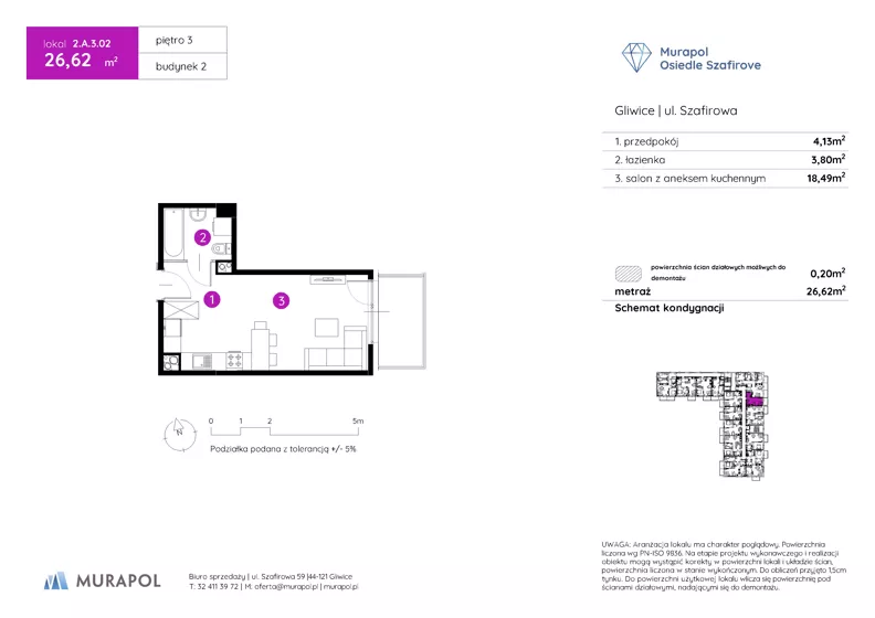 1 pokój, mieszkanie 26,62 m², piętro 3, oferta nr 2.A.3.02, Murapol Osiedle Szafirove, Gliwice, Stare Gliwice, ul. Szafirowa