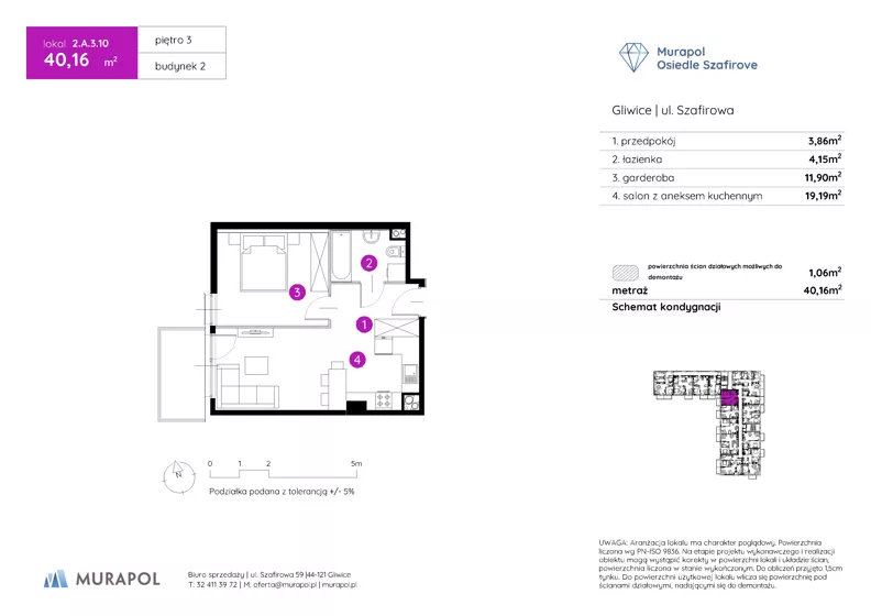 1 pokój, mieszkanie 40,16 m², piętro 3, oferta nr 2.A.3.10, Murapol Osiedle Szafirove, Gliwice, Stare Gliwice, ul. Szafirowa