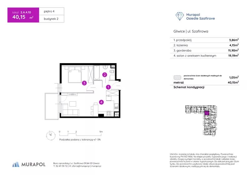1 pokój, mieszkanie 40,15 m², piętro 4, oferta nr 2.A.4.10, Murapol Osiedle Szafirove, Gliwice, Stare Gliwice, ul. Szafirowa