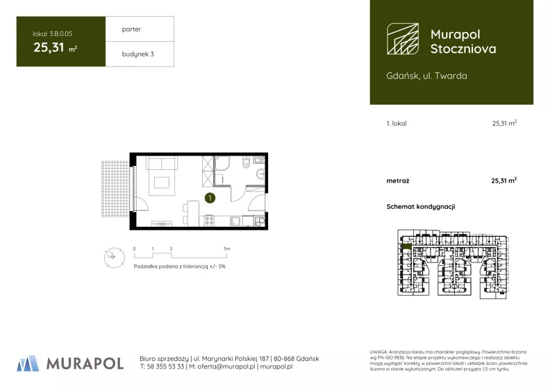 1 pokój, apartament inwestycyjny 25,31 m², parter, oferta nr 3.B.0.05, Murapol Stoczniova, Gdańsk, Młyniska, ul. Twarda