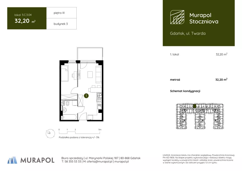 1 pokój, apartament inwestycyjny 32,20 m², piętro 3, oferta nr 3.C.3.04, Murapol Stoczniova, Gdańsk, Młyniska, ul. Twarda