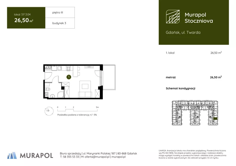 1 pokój, apartament inwestycyjny 26,50 m², piętro 3, oferta nr 3.F.3.04, Murapol Stoczniova, Gdańsk, Młyniska, ul. Twarda