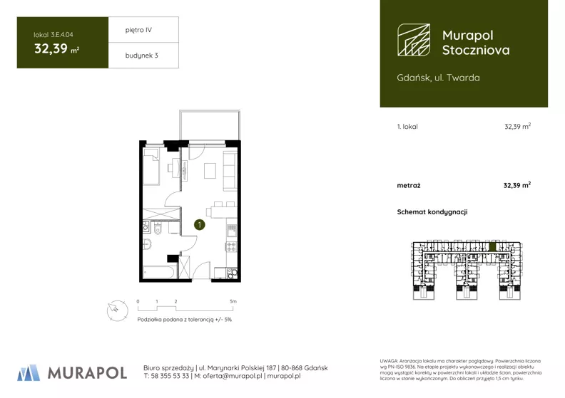 1 pokój, apartament inwestycyjny 32,39 m², piętro 4, oferta nr 3.E.4.04, Murapol Stoczniova, Gdańsk, Młyniska, ul. Twarda