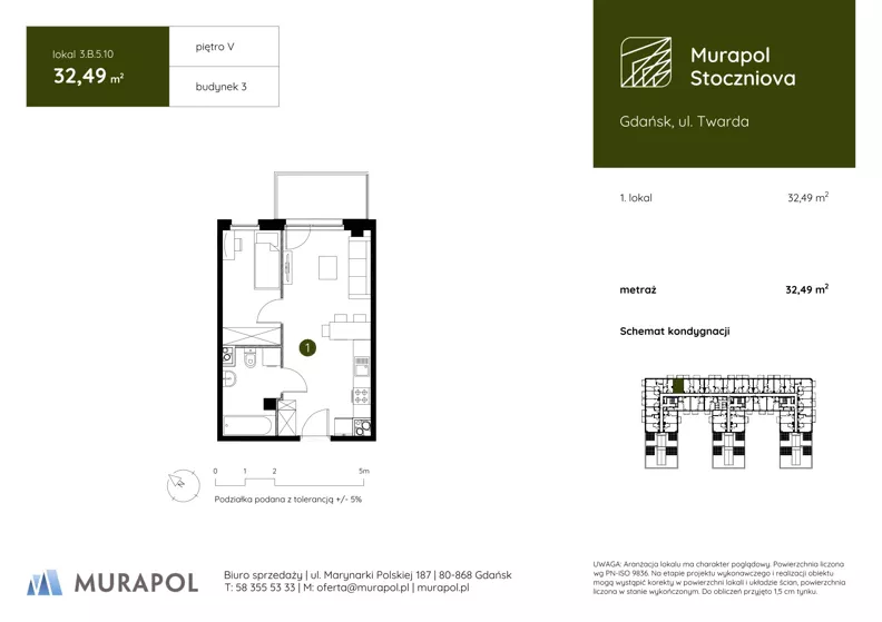 1 pokój, apartament inwestycyjny 32,49 m², piętro 5, oferta nr 3.B.5.10, Murapol Stoczniova, Gdańsk, Młyniska, ul. Twarda