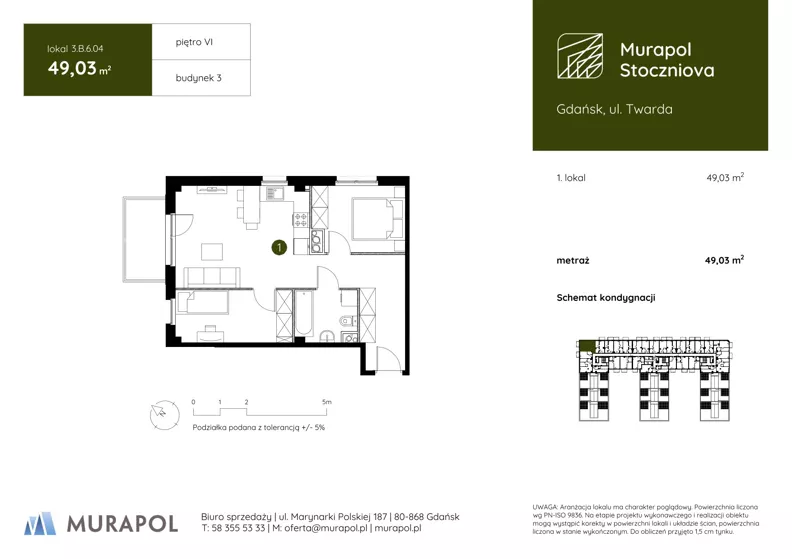1 pokój, apartament inwestycyjny 49,03 m², piętro 6, oferta nr 3.B.6.04, Murapol Stoczniova, Gdańsk, Młyniska, ul. Twarda
