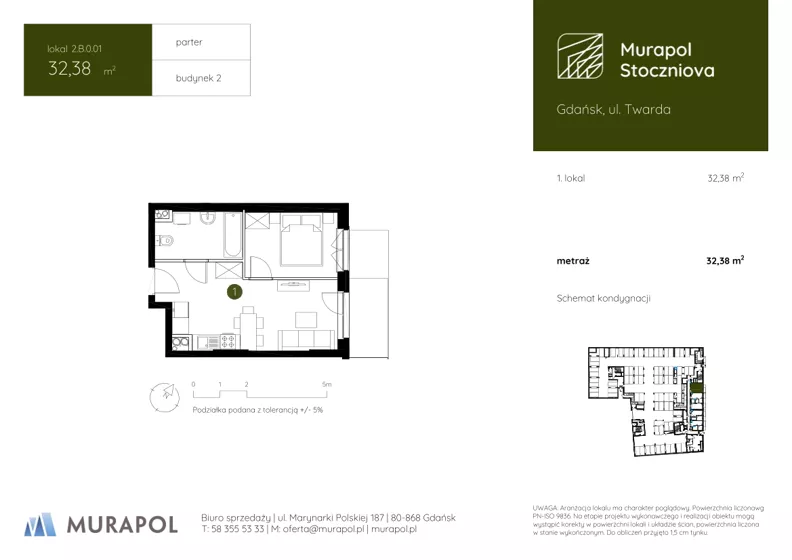 1 pokój, apartament inwestycyjny 32,38 m², parter, oferta nr 2.B.0.01, Murapol Stoczniova - Etap II, Gdańsk, Młyniska, ul. Twarda